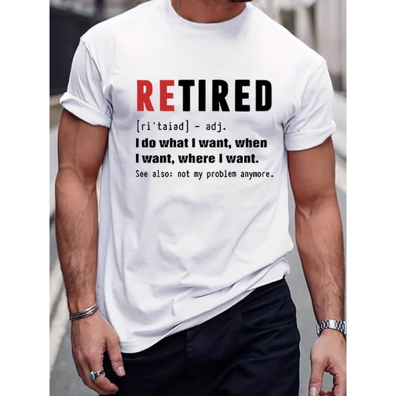 Men's Retirement Graphic T-Shirt - Funny "Retired" Slogan Print, Comfortable Cotton Casual Summer Tee, Black with Red & White Design, 180g, Machine Washable