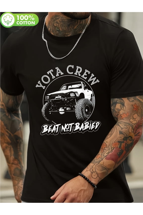 Men's Retro 4X4 Off-Road Graphic T-Shirt - YOTA CREW BEAT NOT BABED Design, 100% Cotton Black Crew Neck Tee for Casual Outdoor Adventures, Hiking & Camping, Machine Washable Rugged Apparel,