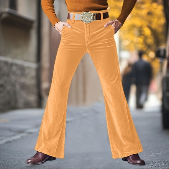 Men's Retro 60s 70s Velvet Flare Pants Classic Soft Velvet Bootcut Trousers Vintage Disco Party Outfits Yellow 2XL