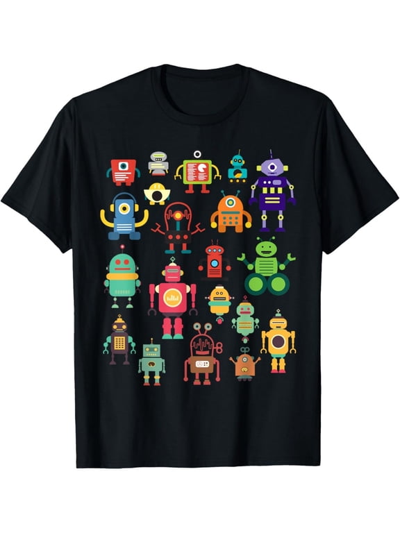 Men's Retro 80s 90s Robot T-Shirt - Vintage Multicolor Robot Graphics - Casual Tee Suitable for Gaming Conventions, Retro Themed Parties & Casual Attire