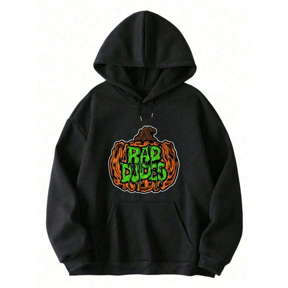 Men's Retro 80s Inspired Blahoodie With Rad Dude & Neon Green Print - Oversized Loose Fit Knit Hooded Sweatshirt, Drawstring Hood & Front Pocket For Halloween Costumes, Fall Winter Casual Wear - 80s