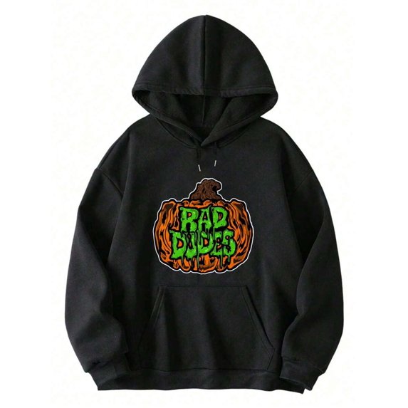 Men's Retro 80s Inspired Blahoodie With Rad Dude & Neon Green Print - Oversized Loose Fit Knit Hooded Sweatshirt, Drawstring Hood & Front Pocket For Halloween Costumes, Fall Winter Casual Wear - 80s