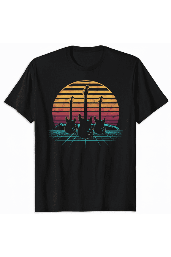 Men's Retro 80s Synthwave Sunset Three Guitars Graphic T-Shirt