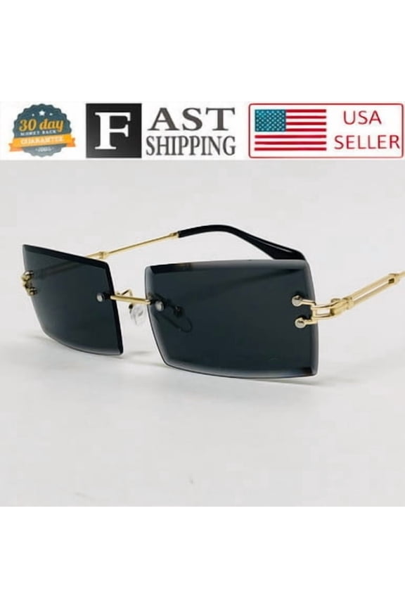 Men's Retro 90'S Style Gold Frame Rectangle Black Hip Hop Square Sunglasses