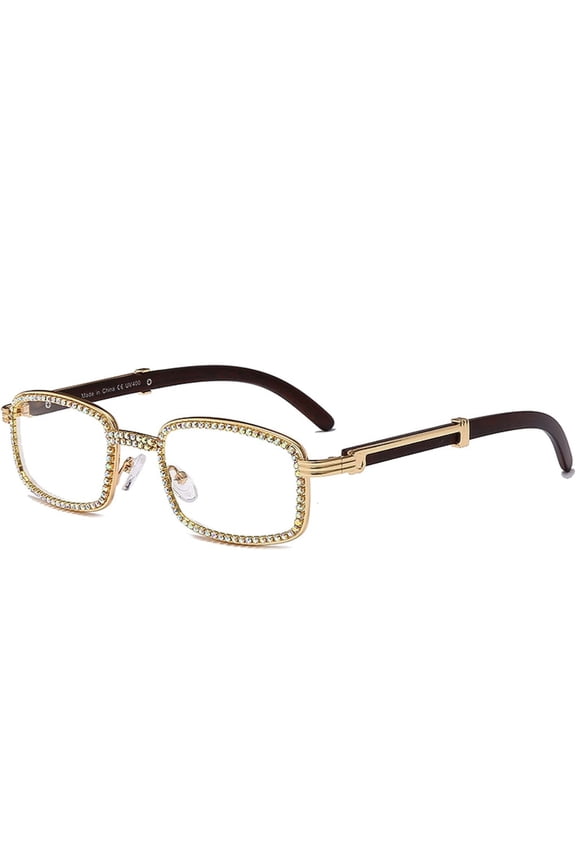 Men's Retro 90'S Style Gold Frame Rectangle Clear Hip Hop Square Diamond Sunglasses