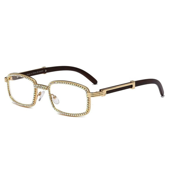 Men's Retro 90'S Style Gold Frame Rectangle Clear Hip Hop Square Diamond Sunglasses