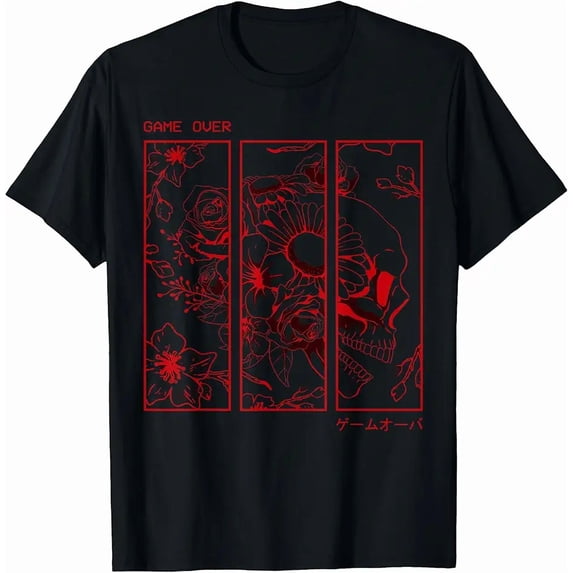 Men's Retro Aesthetic Japanese Skull Floral Game Over T-Shirt