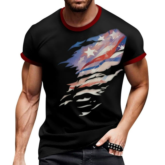 Men's Retro American Flag Design T-Shirt, Soft Round Neck Short Sleeve Top for Casual Streetwear and Travel ,Royal Blue L