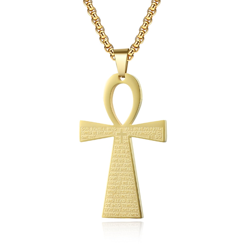 Men's Retro Anka Bible Big Cross 14K Yellow Gold Necklace Male Gold