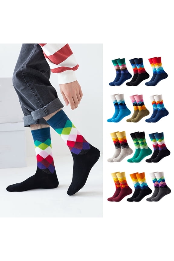Men's Retro Argyle Crew Socks with Colorful Geometric Diamond Pattern and Soft Cotton Blend, Breathable Material Ideal for Autumn Winter Fashion or Casual Street Style Looks,