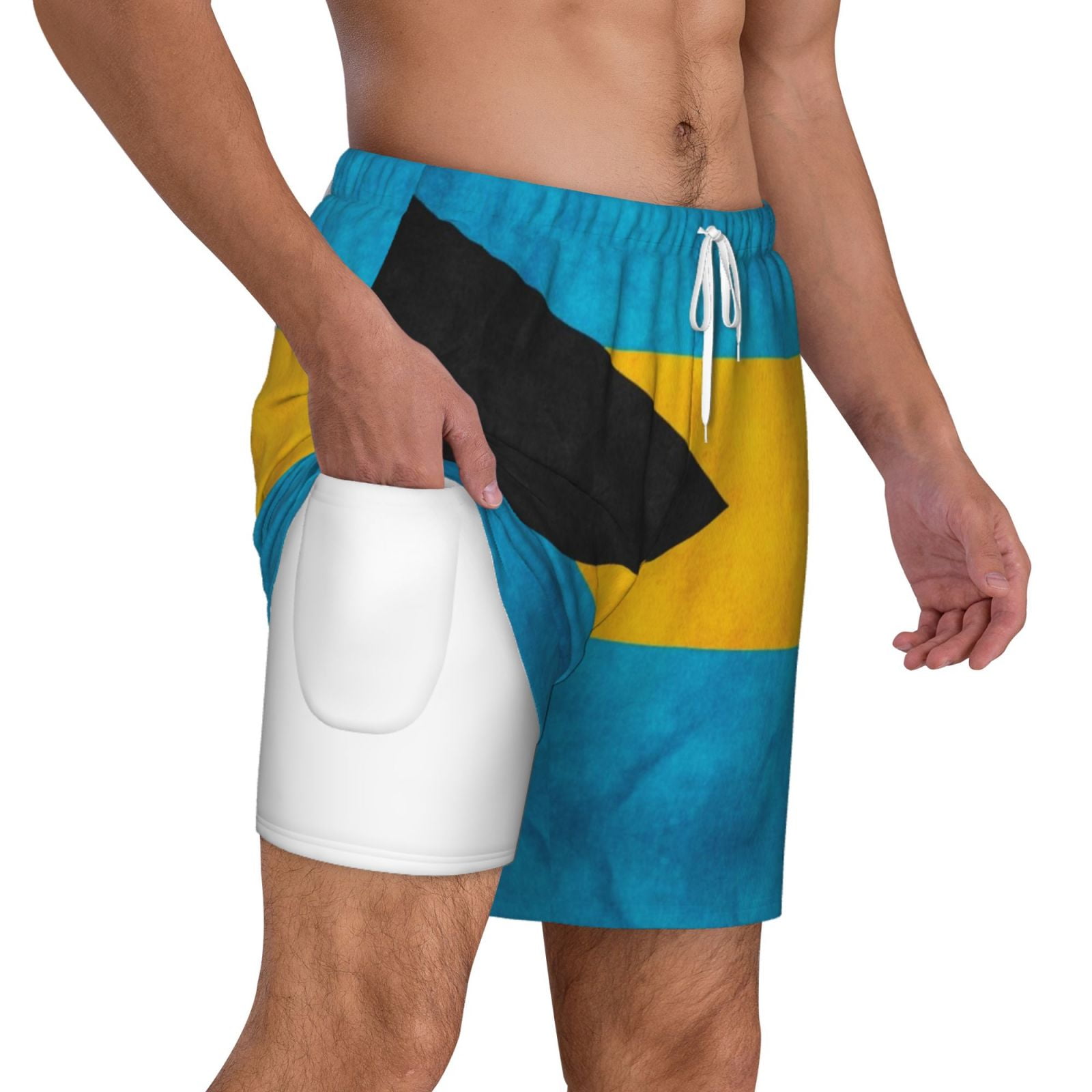 Men's Retro Bahamian Flag Swim Trunks with Compression Liner Bathing Suit Swimwear