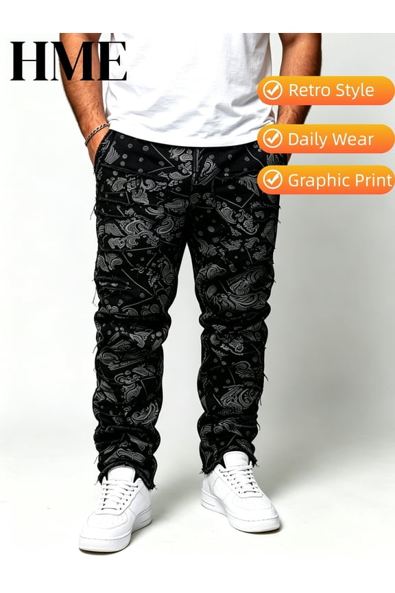 Men's Retro Bandana Graphic Print Distressed Skinny Jeans - Daily Wear Streetwear Pants with Frayed Hem (S-3XL) | On-Trend Vintage Pattern Denim Trousers