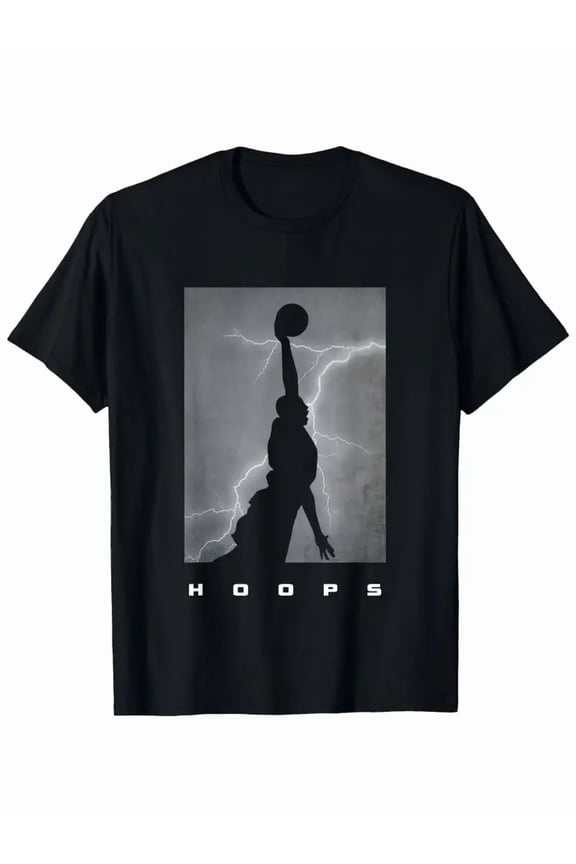 Men's Retro Basketball Graphic T-Shirt - Black Hoops Design with Dynamic Dunk & Lightning Print, Short Sleeve Round Neck Casual Sports Apparel, Machine Washable
