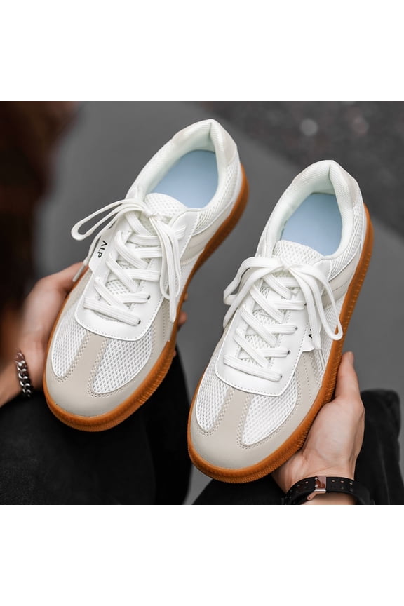 Men's Retro Beige Gum Sole Mesh Leather Lace Up Casual Sneakers, Non-Slip Lightweight Walking Trainers, Wide Toe Street Fashion Daily Driving Footwear