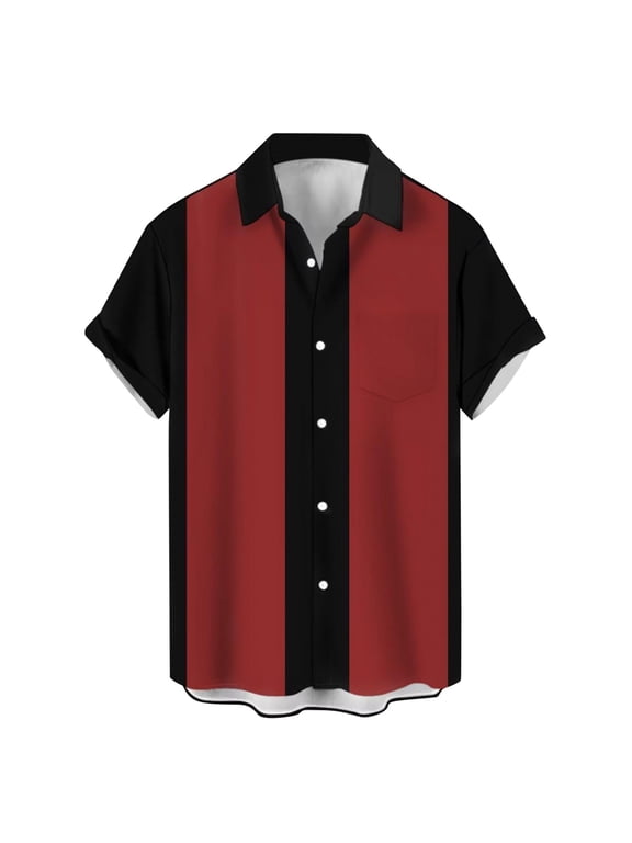 Men's Retro Bowling Color Block Active Shirts Hawaiian Shirts for Men Vintage Beach Shirt Short Sleeve Button down Summer Top Red S