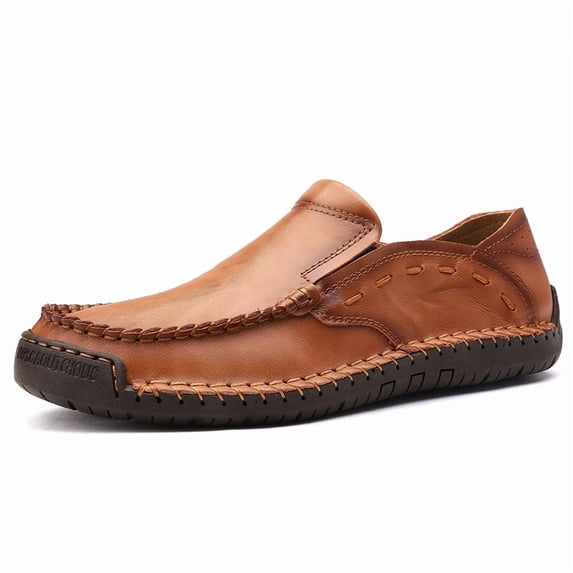 Men’s Retro Brown Full Grain Leather Slip-On Loafers Hand Stitched Casual Walking Shoes