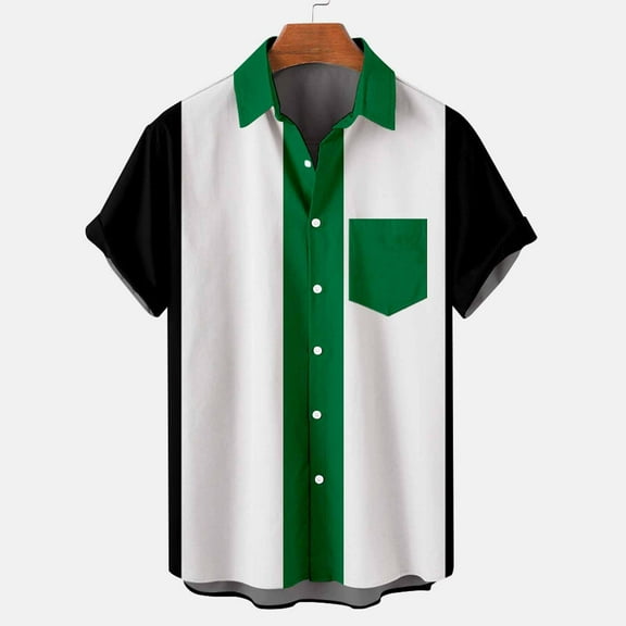 Men's Retro Button Down Bowling Shirts 50s Rockabilly Style Summer Tops Cuban Style Camp Shirt with Pocket