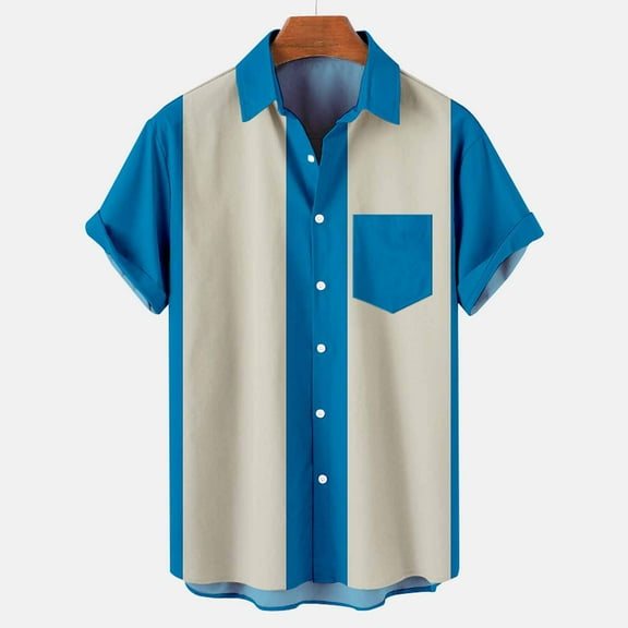 Men's Retro Button Down Bowling Shirts 50s Rockabilly Style Summer Tops Cuban Style Camp Shirt with Pocket