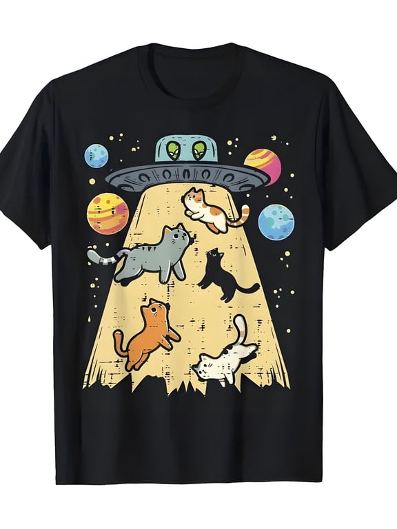 Men‘s Retro Cartoon UFO Cat Abduction Whimsical Graphic T-Shirt, Colorful Planets Playful Cats Alien Eyes Print, Short Sleeve Round Neck Lightweight Breathable, Ideal for Casual Outings Sci-Fi Lovers