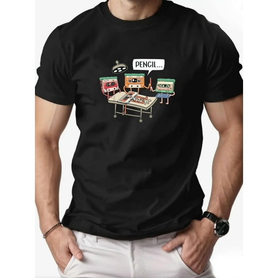 Men's Retro Cassette Tape Graphic T-Shirt - Vintage 80s Music Design with Pencil & Tape Art, Lightweight Summer Casual Round Neck Short Sleeve Tee for Adults, Nostalgic Gift for Music Lovers