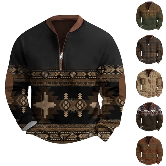 Men's Retro Casual Ethnic Print Zip Up Sweatshirt, Long Sleeve Fleece Jacket, Vintage Streetwear for Christmas, Fall Winter Season, Unique Style and Travel,Black,M