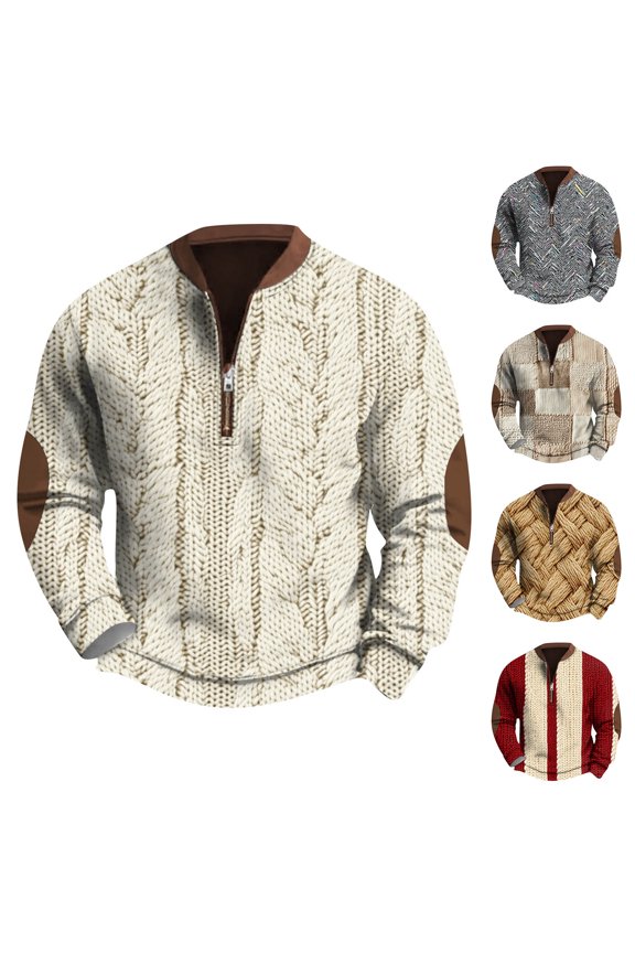 Men's Retro Casual Ethnic Print Zip-Up Sweatshirt, Soft Style Pullover for Fall Spring, Long Sleeve Fashion Top,Red,XL