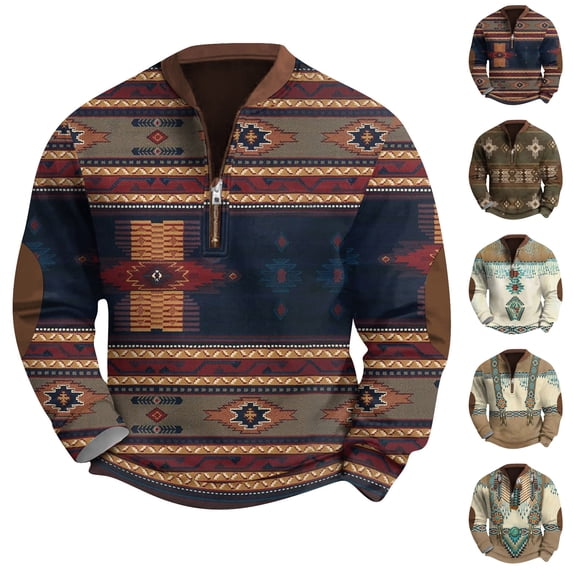 Men's Retro Casual Ethnic Print Zipper Sweatshirt, Gradient Long Sleeve Pullover for Street Style,Army Green,L