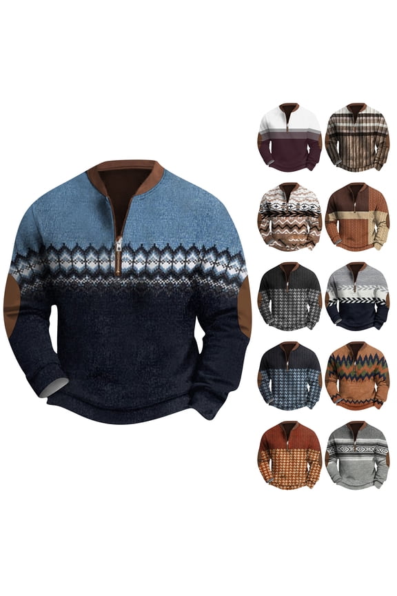 Men's Retro Casual Ethnic Print Zipper Sweatshirt, Gradient Long Sleeve Pullover for Street Style,Gray,L