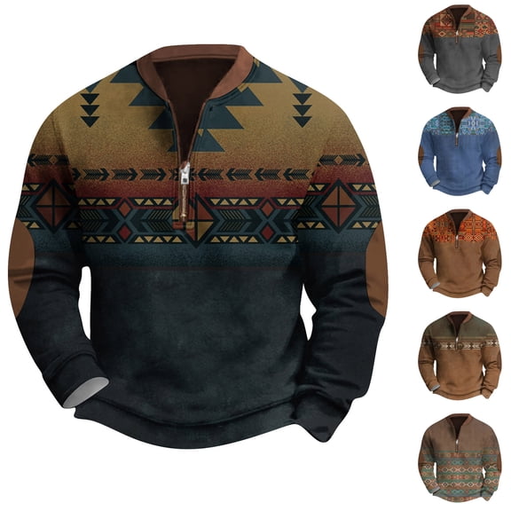 Men's Retro Casual Ethnic Print Zipper Sweatshirt, Gradient Long Sleeve Pullover for Street Style,Mint Green,L