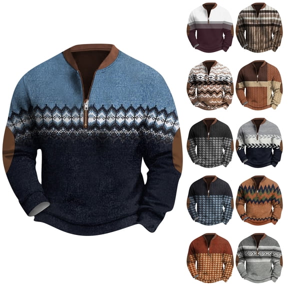 Men's Retro Casual Ethnic Print Zipper Sweatshirt, Gradient Long Sleeve Pullover for Street Style,Sky Blue,L