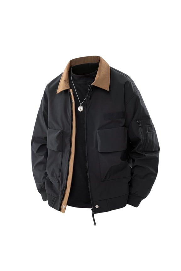 Men's Retro Colorblock Flight Jacket - Lapel Long-Sleeve Multi-Pocket Utility Work Coat, Casual Trendy Outerwear, Black, M