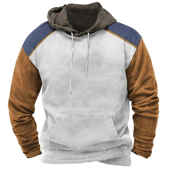 Men's Retro Colorblock Hoodies Long Sleeve Casual Drawstring Comfort Pullover Sweatshirt with Kangaroo Pocket