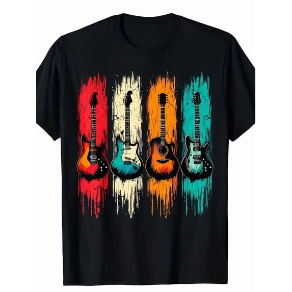 Men's Retro Colorful Electric Acoustic Guitar Graphic T-Shirt