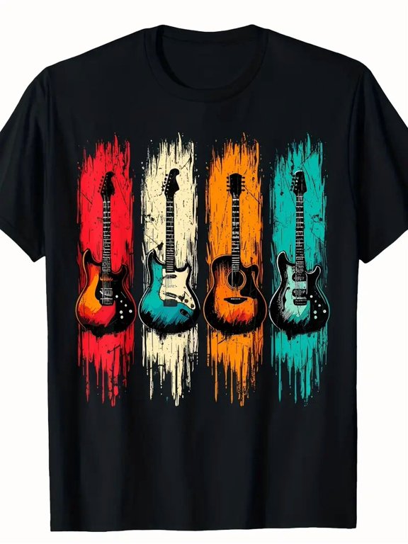 Men's Retro Colorful Electric Acoustic Guitar Graphic T-Shirt