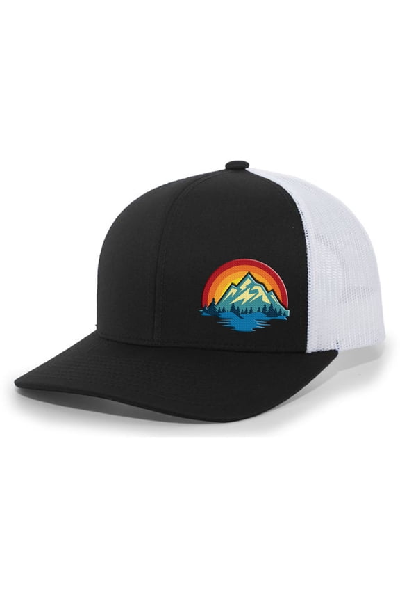 Men's Retro Colorful Scenic Mountain Outdoors Woodland Embroidered Mesh Back Trucker Hat, Black/White