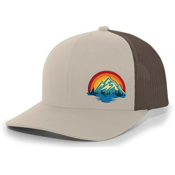 Men's Retro Colorful Scenic Mountain Outdoors Woodland Embroidered Mesh Back Trucker Hat, Khaki/Brown