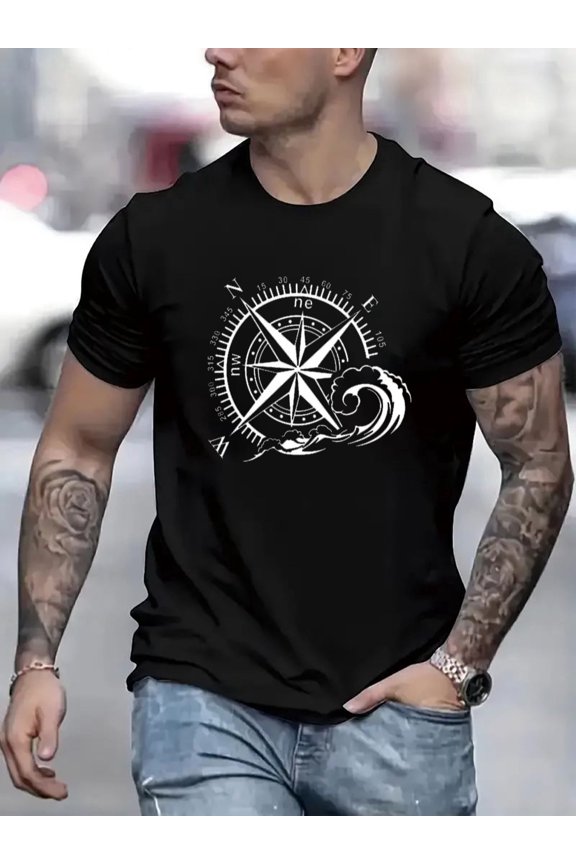 Men's Retro Compass Nautical Graphic T-Shirt Ocean Wave Adventure Short Sleeve Casual Fashion Tee
