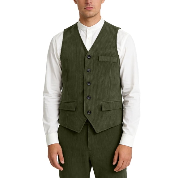 Men's Retro Corduroy Button Down Vest Smart Casual Lightweight Sleeveless Outerwear Waistcoat Army Green Size M