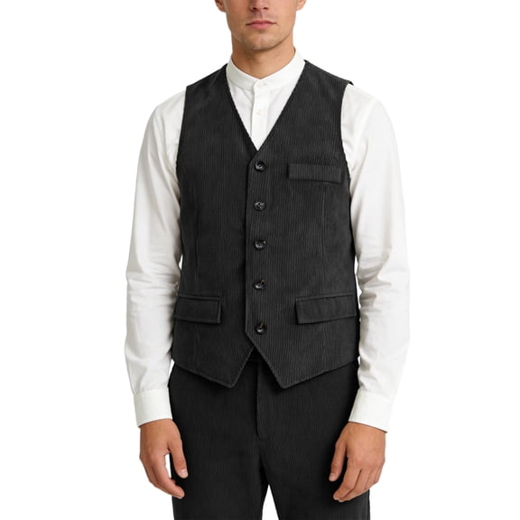 Men's Retro Corduroy Button Down Vest Smart Casual Lightweight Sleeveless Outerwear Waistcoat Black Size M
