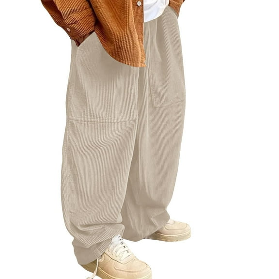 Men's Retro Corduroy Pants - Baggy Ribbed Wide Leg Drawstring | Preppy Streetwear Relaxed Fit Trousers