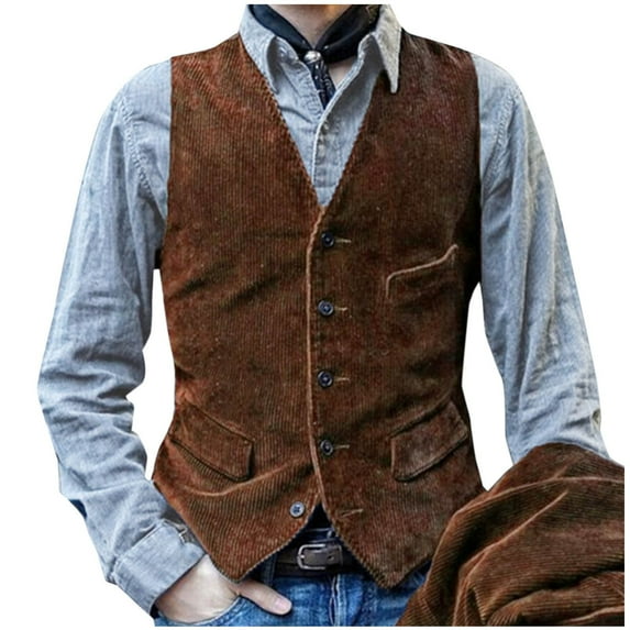 Men's Retro Corduroy Suit Vests Casual Slim Fit Single-Breasted V-Neck Waistcoat Business Formal Dress Vest