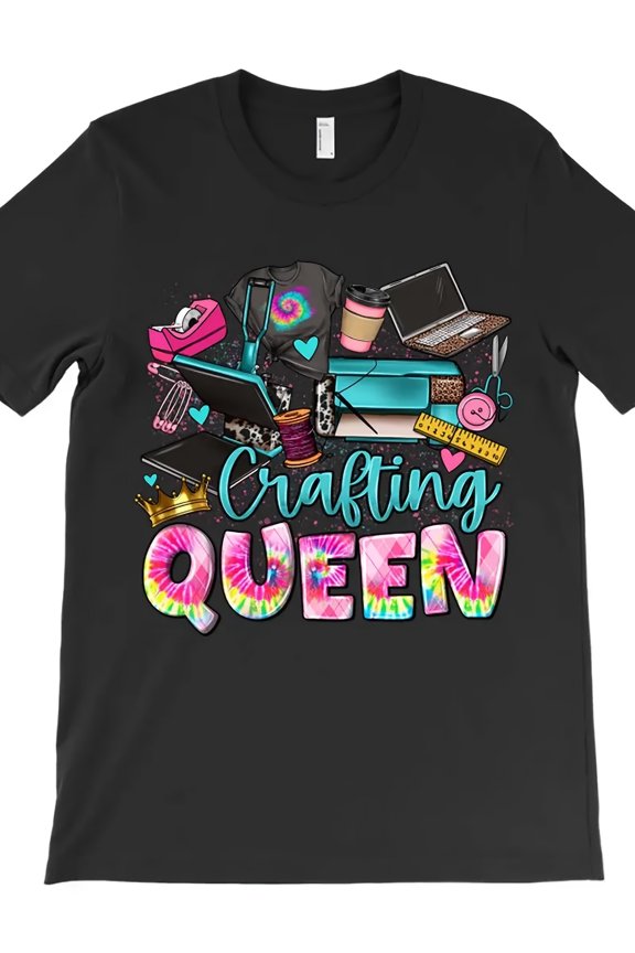 Men's Retro Crafting Queen T-Shirt - Funny DIY Art Design with Turquoise & Pink, Sewing Machine & SCISSORS Graphic, Casual Crochet Tee for Crafters