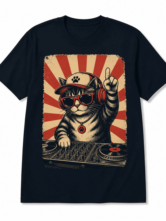 Men's Retro DJ Cat Graphic T-Shirt Cool Music Lover Casual Short Sleeve Crew Neck Tee