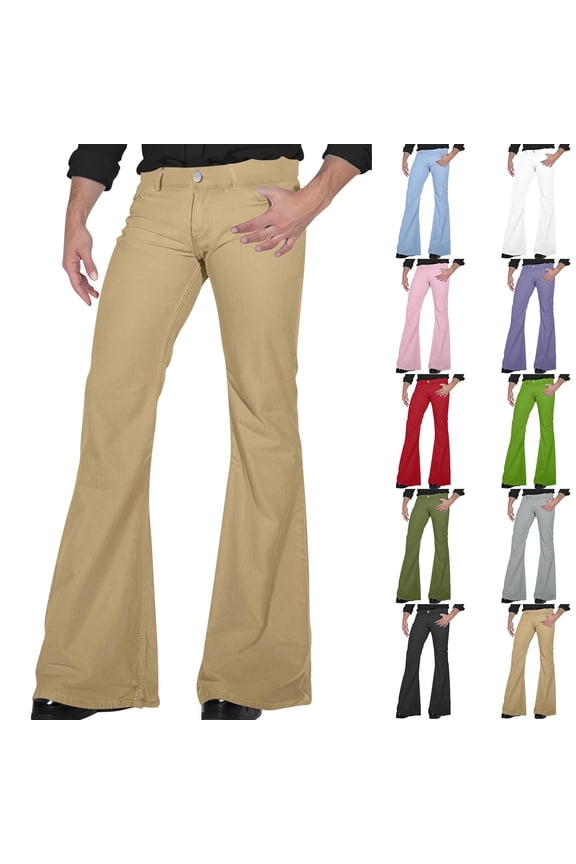 Men's Retro Disco Flared Pants, Loose Stretch Vintage Trousers Fit Flared Comfortable Retro Twill Pants for 70s Theme Parties,Red,M