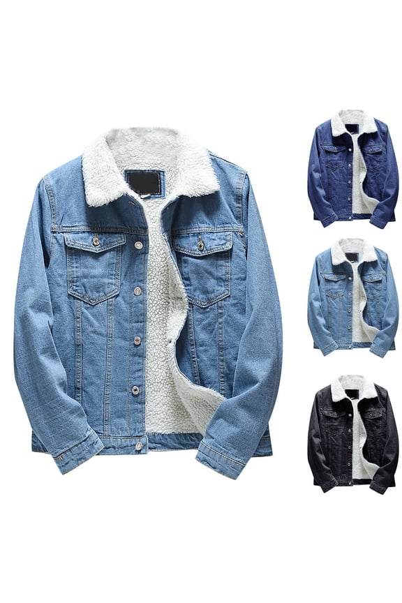 Men's Retro Fashion Outdoor Fleece Lined Denim Jacket for Winter Casual Wear Christmas Holiday,Black,M