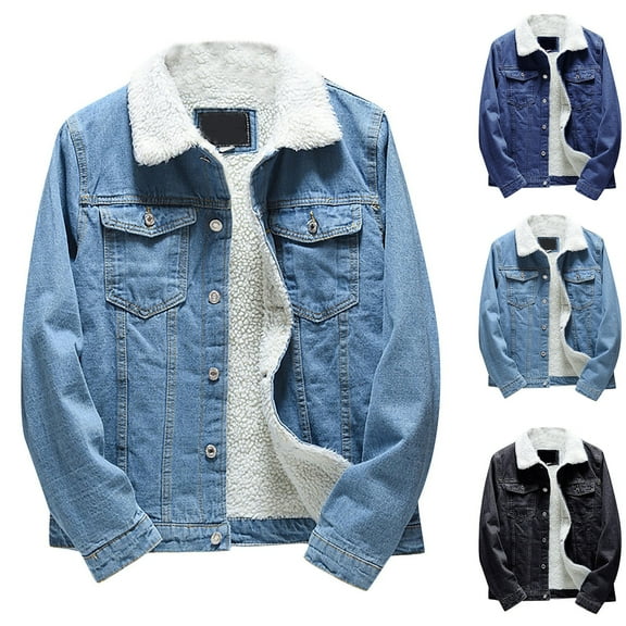 Men's Retro Fashion Outdoor Fleece Lined Denim Jacket for Winter Casual Wear Christmas Holiday,Black,XL