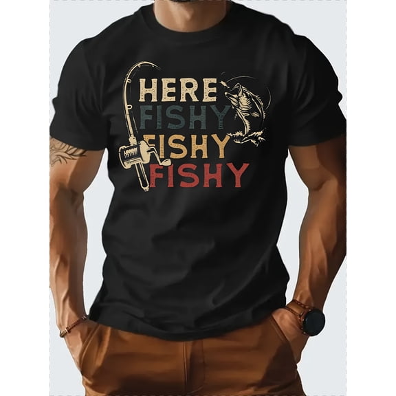Men's Retro Fishing Graphic T-Shirt - "Here Fishy Fishy" Print, 100% Cotton, Crew Neck, Lightweight & Breathable, Regular Fit, Ideal for Summer Outdoor Activities & Casual Wear