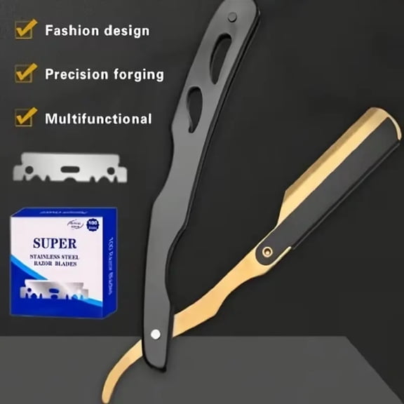 Men's Retro Foldable Manual Straight Razor with 100 Replacement Blades, Heavy-Duty Multifunctional Shaving Tool, Uses Half Double Edge Blade, Portable & Durable, Ideal for Home, Barbershop and Travel