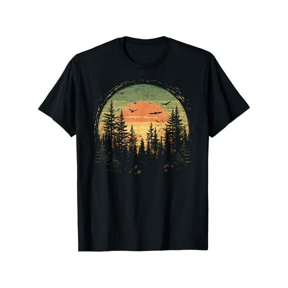 Men's Retro Forest Bear Graphic T-Shirt - Soft Cotton, Short Sleeve, Crew Neck, Casual Outdoor Design with Pine Tree & Sunset Reflection, Perfect for Casual Attire or Date Nights