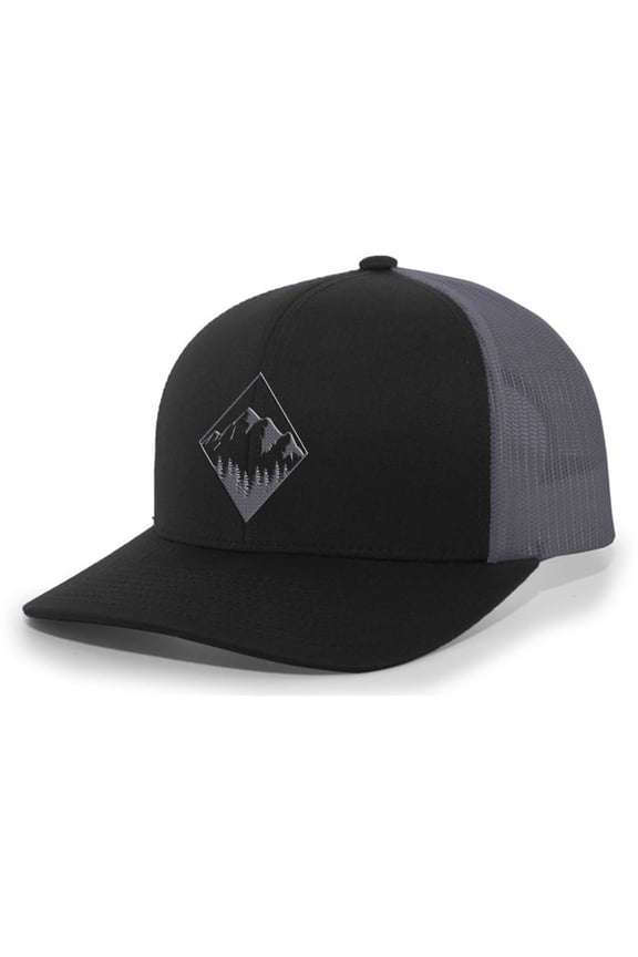 Men's Retro Geometric Diamond Mountain Outdoors Woodland Embroidered Mesh Back Trucker Hat, Black/Charcoal